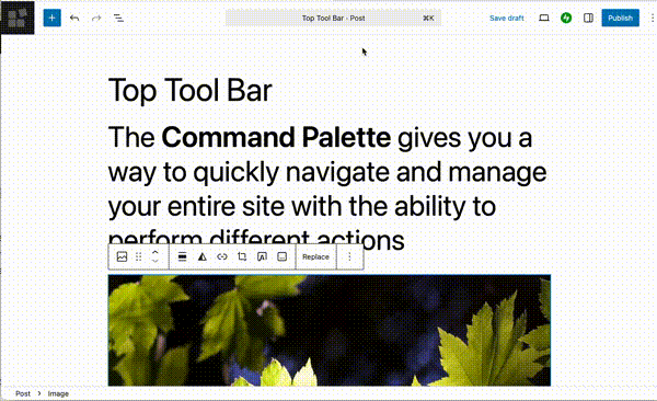 An animated gif showing the use of the command palette in the WordPress post editor