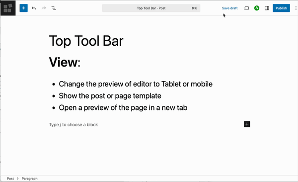 gif animation showing the features of the WordPress Post Editor view menu