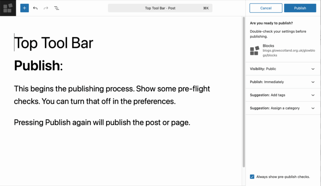 Screenshotr of the WordPress post editor the preflight publsih sidebar is open. Text: Publish: This begins the publishing process. Show some pre-flight checks. You can turn that off in the preferences. Pressing Publish again will publish the post or page.