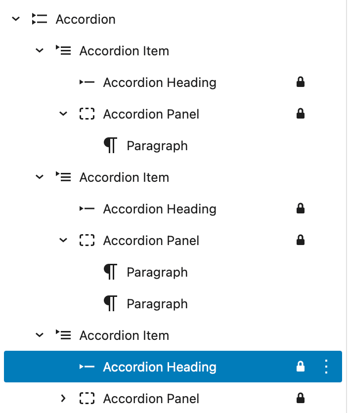 Screenshot of the Document Overview sidebar in wordpress showing an expander accordian