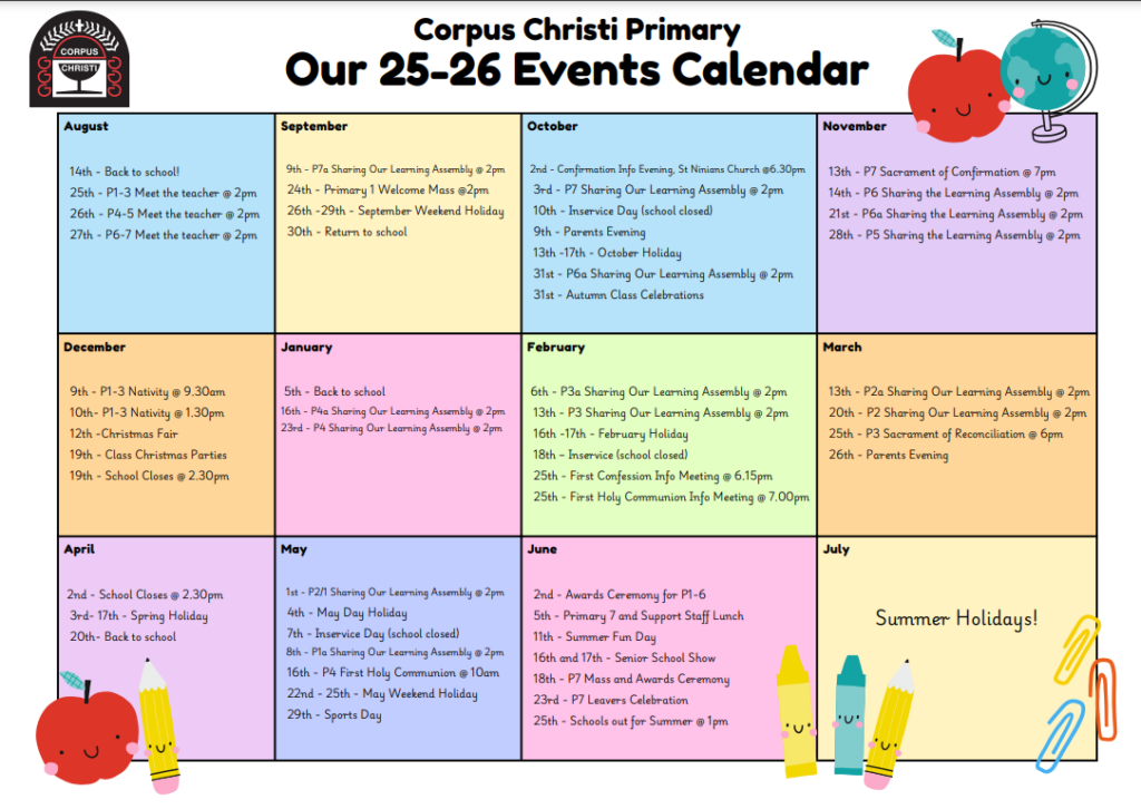 2025/26 Calendar Corpus Christi R C Primary School