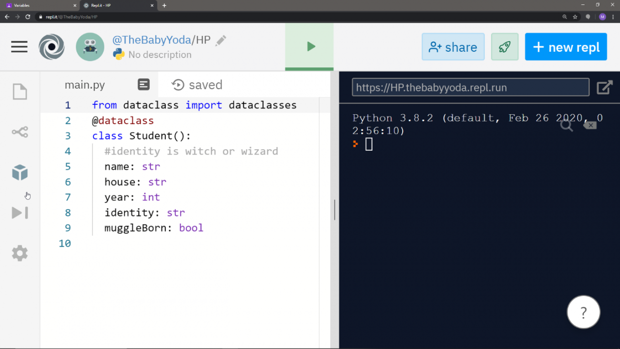 An example of the repl.it programming interface (Python 3.8)
