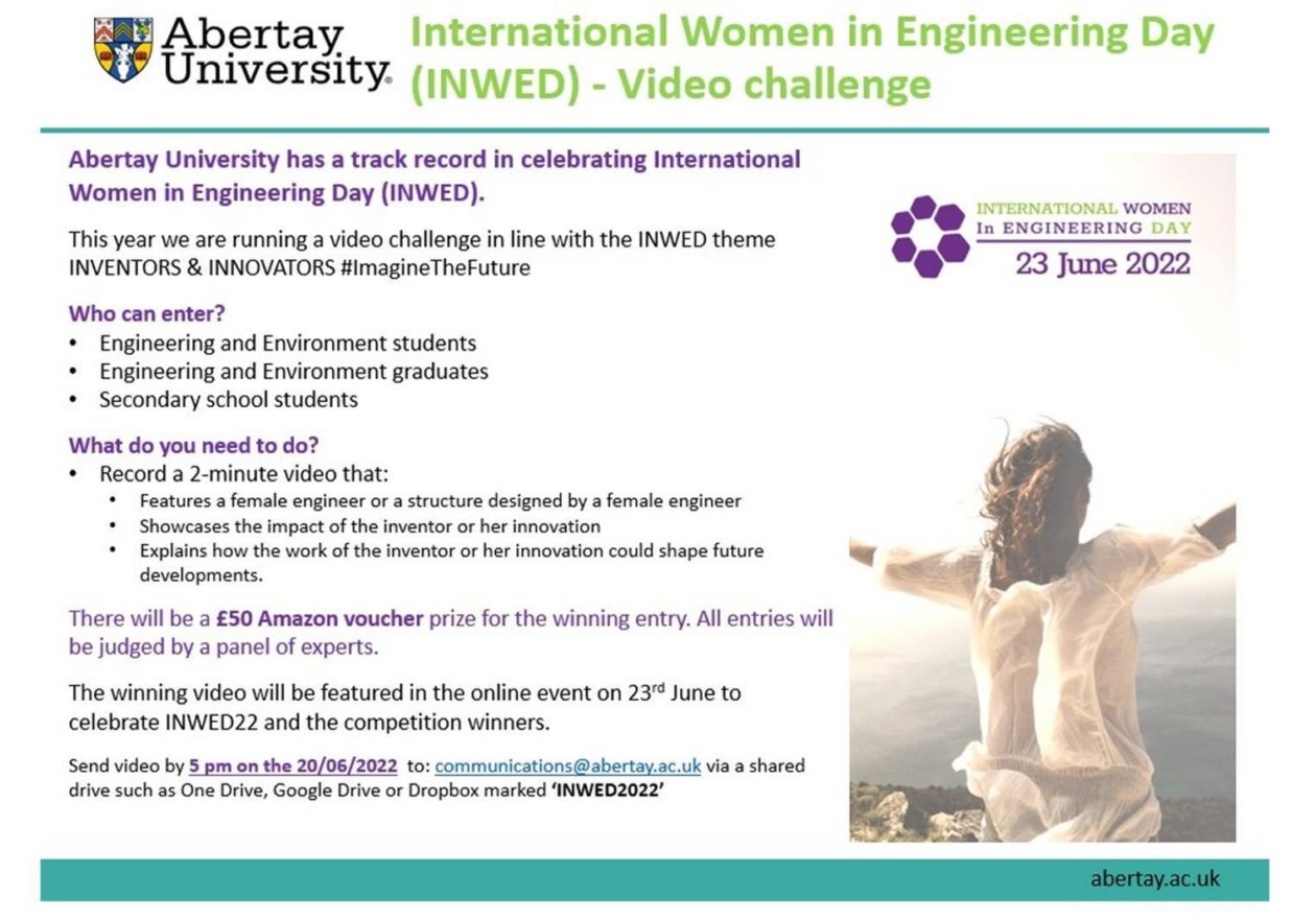 Poster containing text for INWED video challenge from Abertay University.