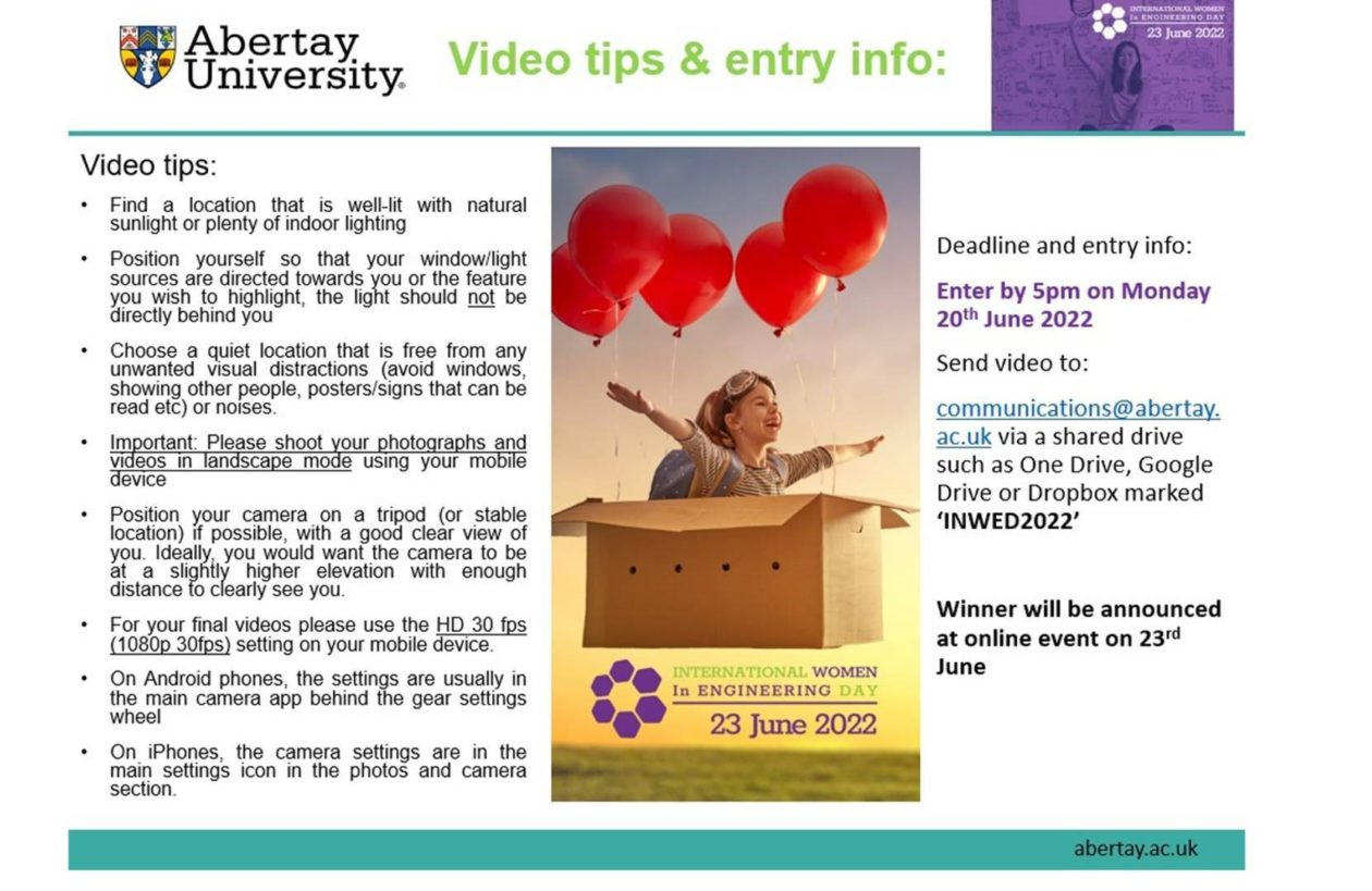 Poster containing text on tips and entry info for INWED video challenge from Abertay University.