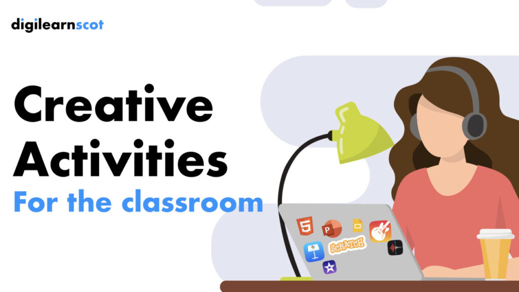 Creative activities banner. Text on left hand side. Woman sitting at laptop on right hand side.