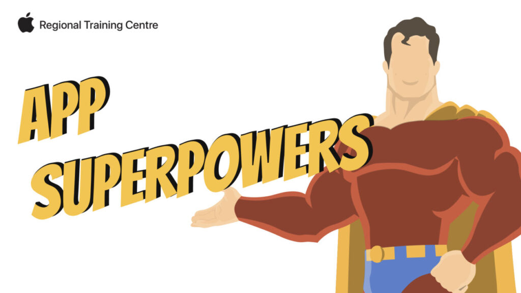Superhero standing on right hand side pointing towards auperhero text