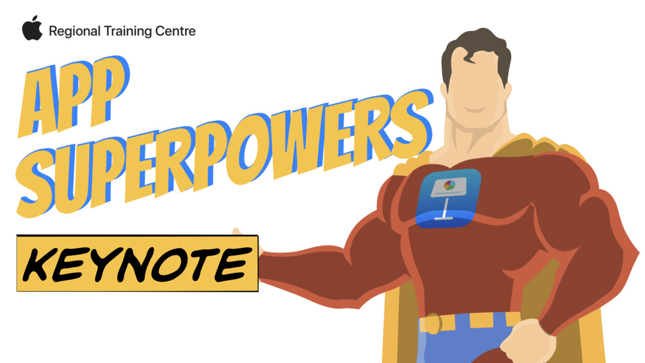 Superhero, right hand side. App superhero text and Keynote text on left hand side