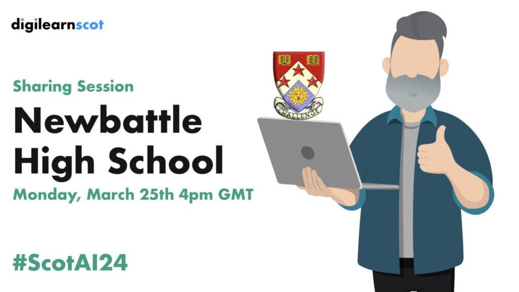 Man holding laptop. Text on left