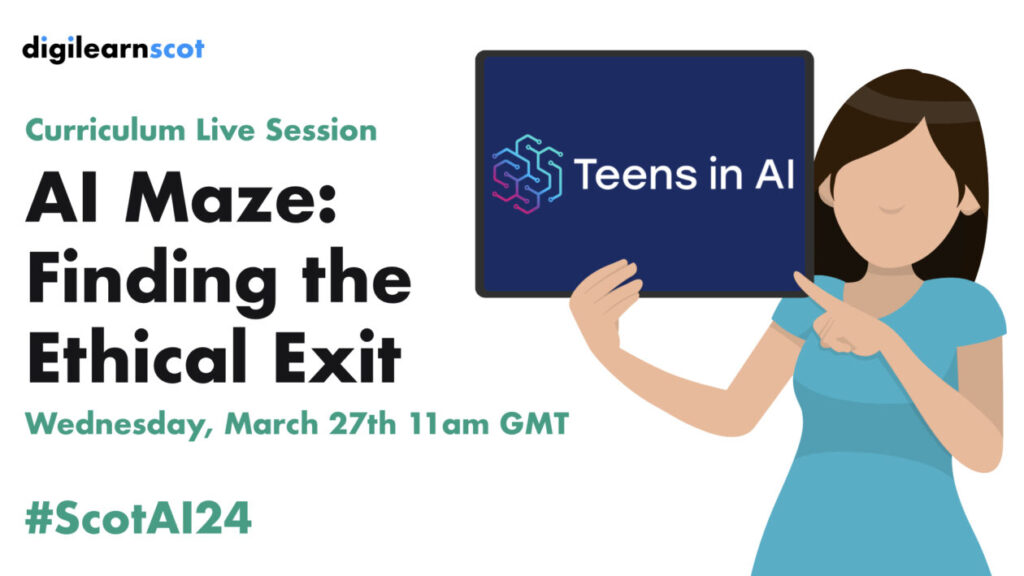 Teens in AI #ScotAI24 Text on left woman holding iPad on right