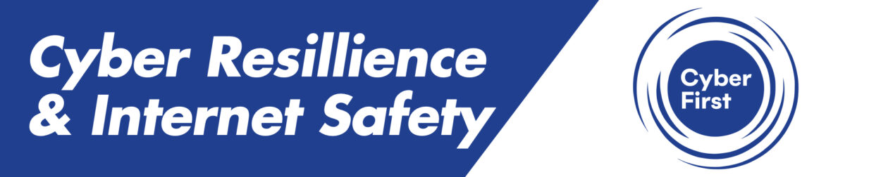 cyber first logo cyber resilience and internet safety white text on blue angled shape