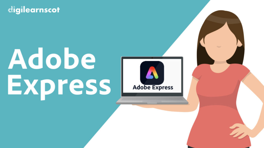 Woman holding a laptop with adobe express