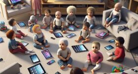 AI generated image of toddlers surrounded by screens