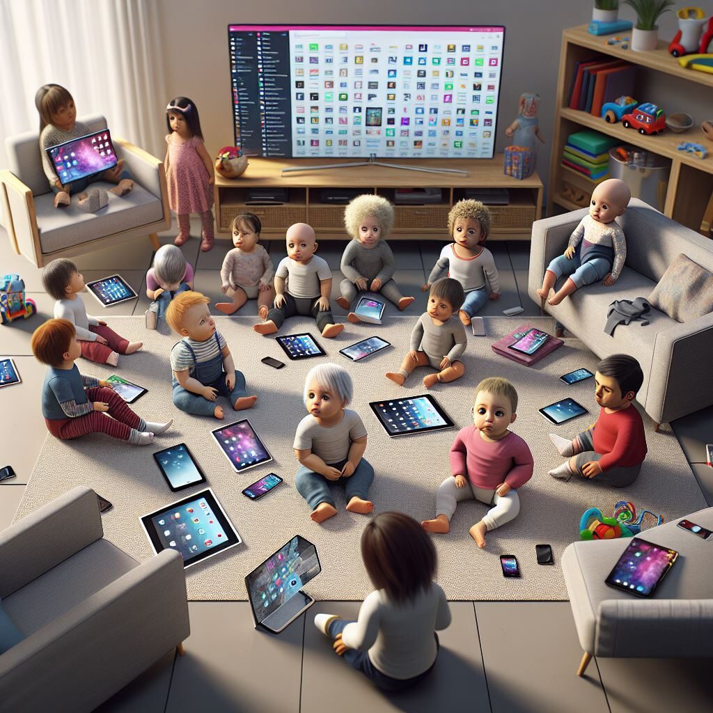 AI generated image of toddlers surrounded by screens