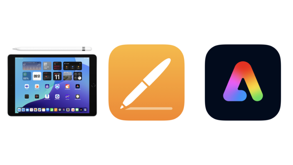 an iPad, Apple Pencil, pages app, adobe express icons