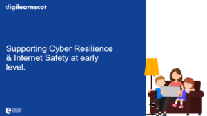session title "supporting CRIS at early level" image of an adult and 2 small children sitting on a sofa all looking at a laptop screen.