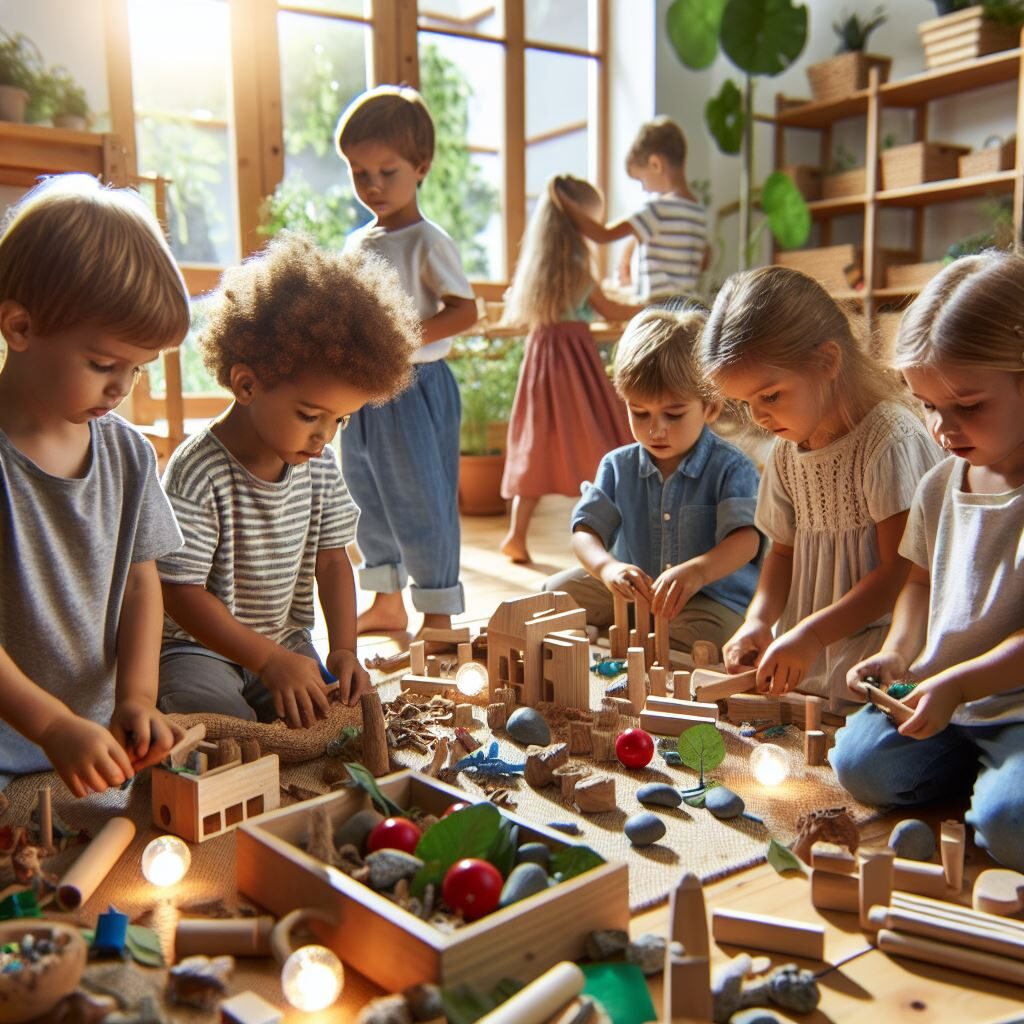 AI generated image of pre school children playing with loose parts and small globe lights in a play room