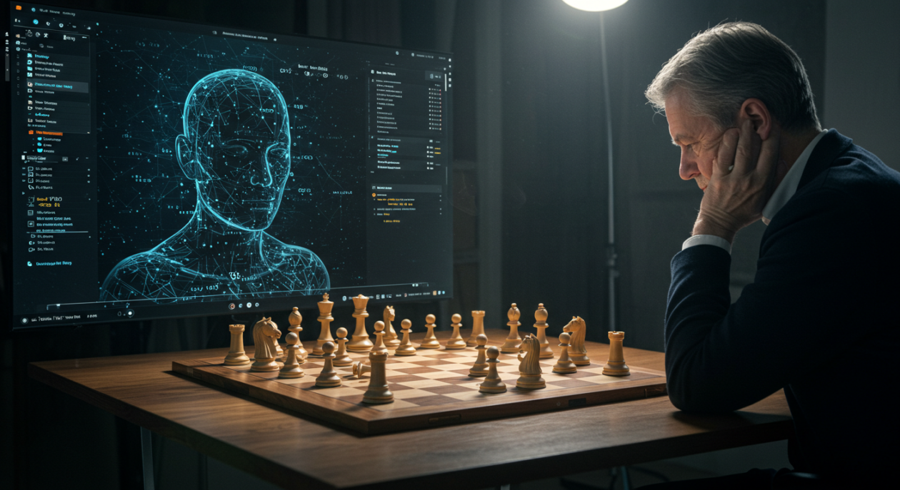 an image of aI and a human playing chess