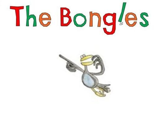 image of a cartoon crow pointing to "The Bongles" text above it in red, orange and green letters