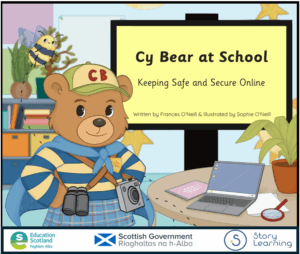 decorative header image of front cover of story book featuring a cartoon bear standing in a primary school classroom