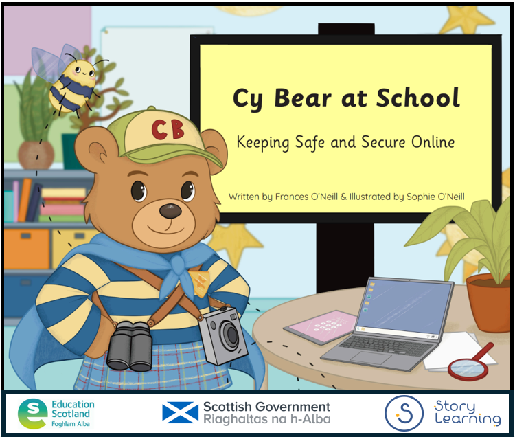 decorative header image of front cover of story book featuring a cartoon bear standing in a primary school classroom