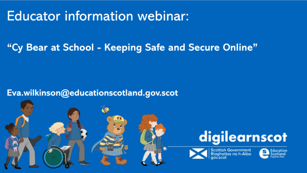 Cartoon image of primary school children on a blue background with text Educator Information Webinar.