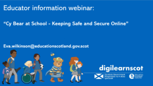Cartoon image of primary school children on a blue background with text Educator Information Webinar.