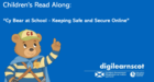 Cartoon image of a bear pointing to the text "children's read along" on a blue background.