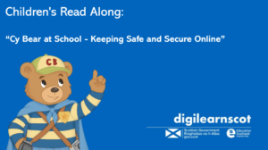 Cartoon image of a bear pointing to the text "children's read along" on a blue background.