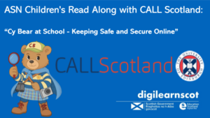 Cartoon image of a Bear holding a magnifying glass with CALL Scotland logo on a blue background