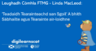 Cartoon image of a bear looking at white text on a blue background "Leughadh Còmhla FTMG - Linda MacLeod:​ ​ 'Teadaidh Tèarainteachd san Sgoil' A bhith Sàbhailte agus Tèarainte air-loidhne​ ​"