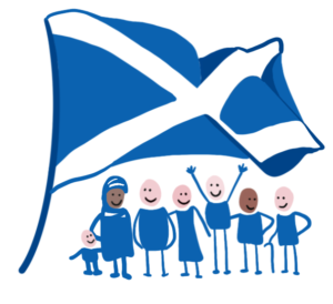 Image of a Scottish flag with a range of cartoon women and children of different ages and with different skin tones smiling.