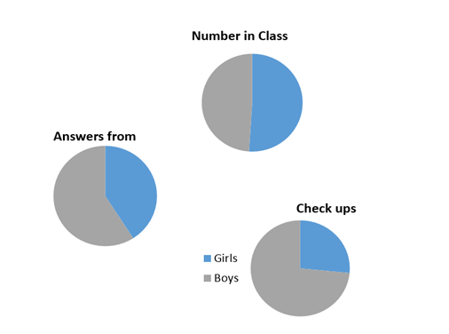 pie charts displaying proportion of interactions in the classroom, disaggregated by gender. The charts show that classes are roughly 50:50 however boys give more answers and almost 75% of check ups are directed at boys.