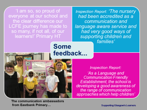 Image shows feedback from inspections and a primary head teacher. It includes a photo of 6 children in front of a board with visual supports.