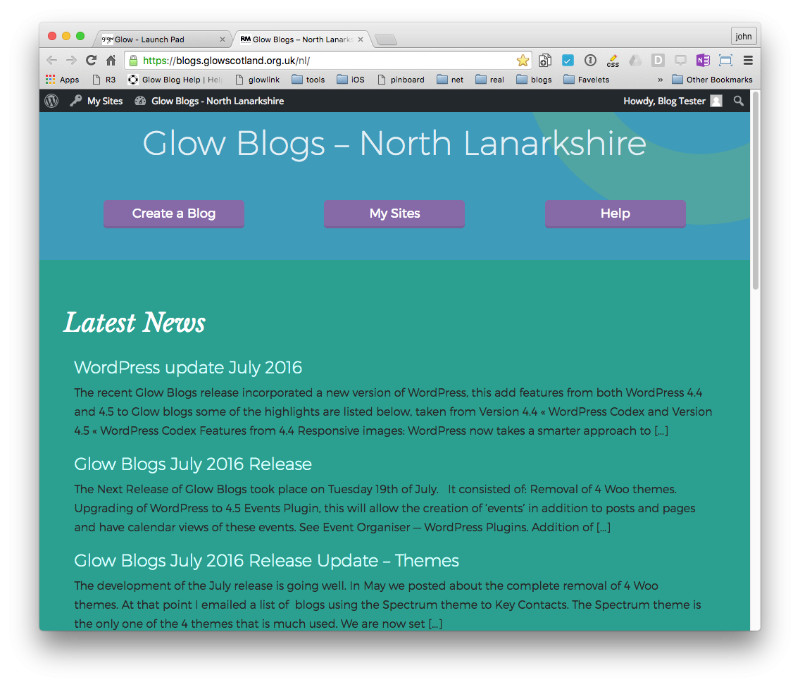 Screenshot of LA home page on Glow Blogs