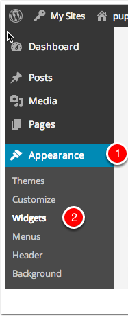 Screeshot of Dashboard sidebar showing how to navigate to Widgets area on the appearance section.