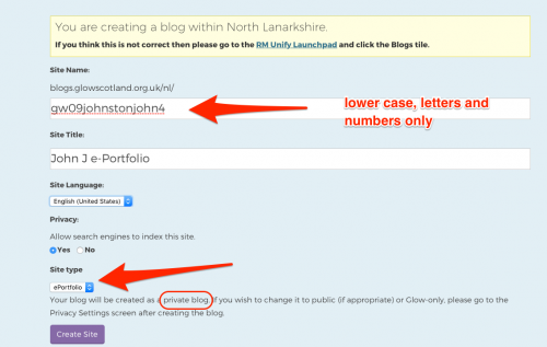 Create a blog -ePortfolio settings screenshot