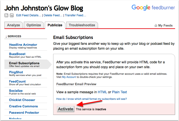 Screenshot Feedburner, Activate email subscription