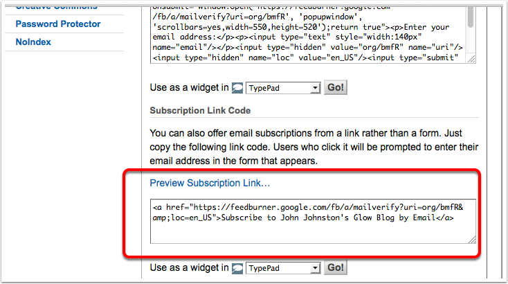 Screenshot Feedburner, Activate email subscription link