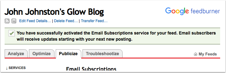 Screenshot Feedburner, Activate email subscription success