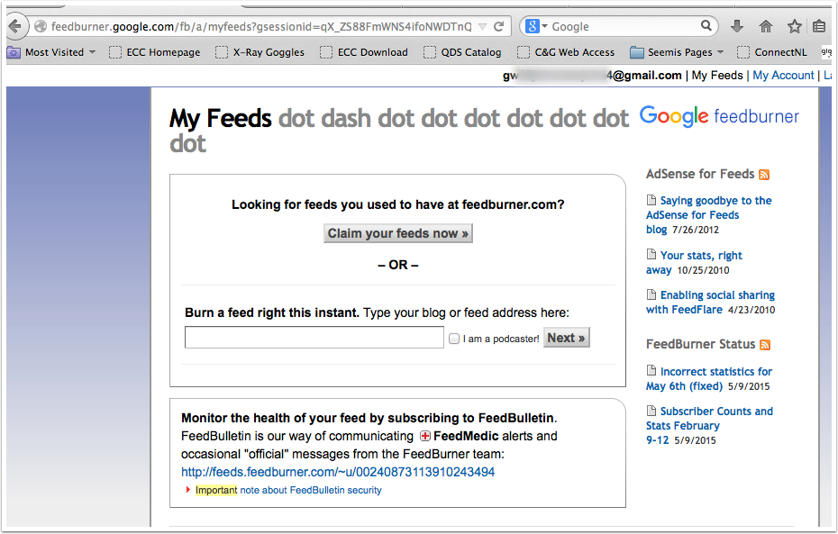 Screenshot Feedburner logged on page