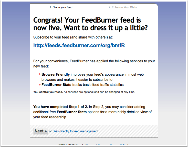 Screenshot Feedburner, your feed is live