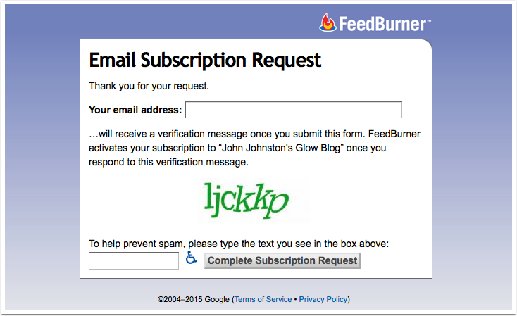 Screenshot Feedburner Subscribe page