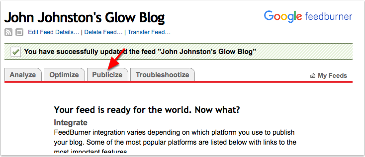 Screenshot Feedburner: pointer to Publicize