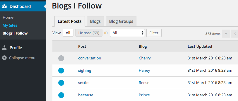 Screenshot Dashboard blogs I follow