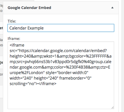 Screenshot Google Calendar widget with embed code