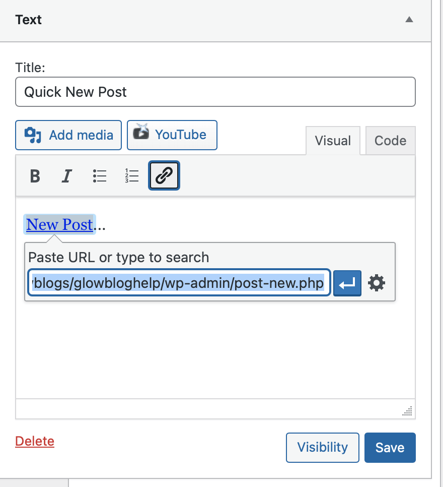 Screenshot of text widget being added, link to a new post