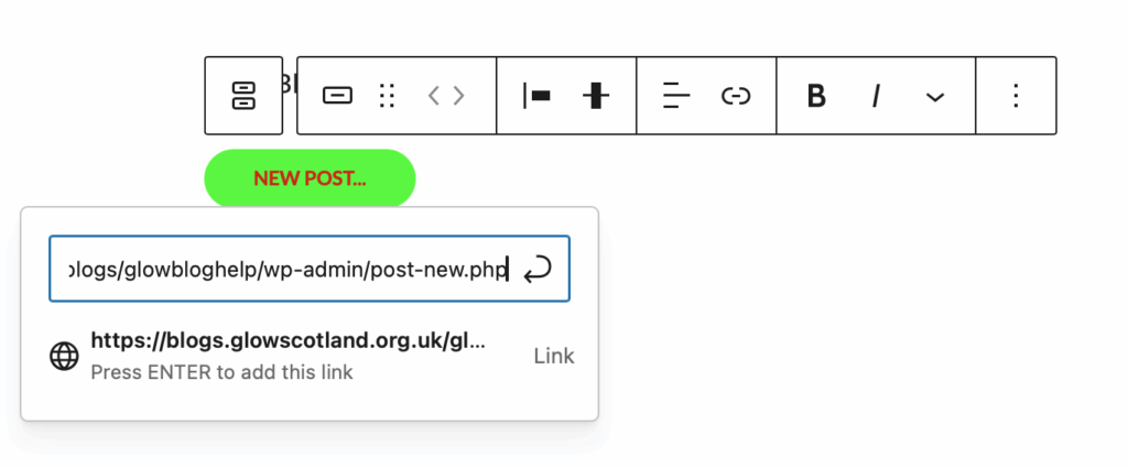 Screenshot of a button being edited in the block editor, its title New Post.. and it is being linked