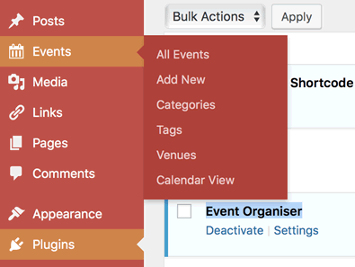 Events section of Dashboard sidebar on Hover opens submenu