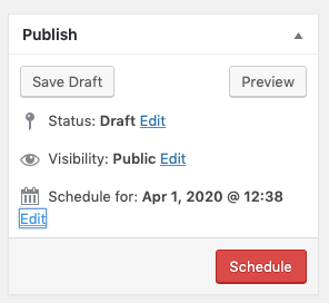 Screenshot of publish metabox showing Publish button has changed to Schedule