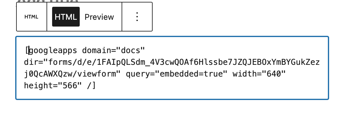 Screenshot of a google form short code in an html block